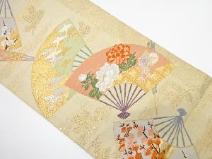 アンティーク　扇面に枝梅・牡丹・群鶴模様織り出し袋帯（材料）